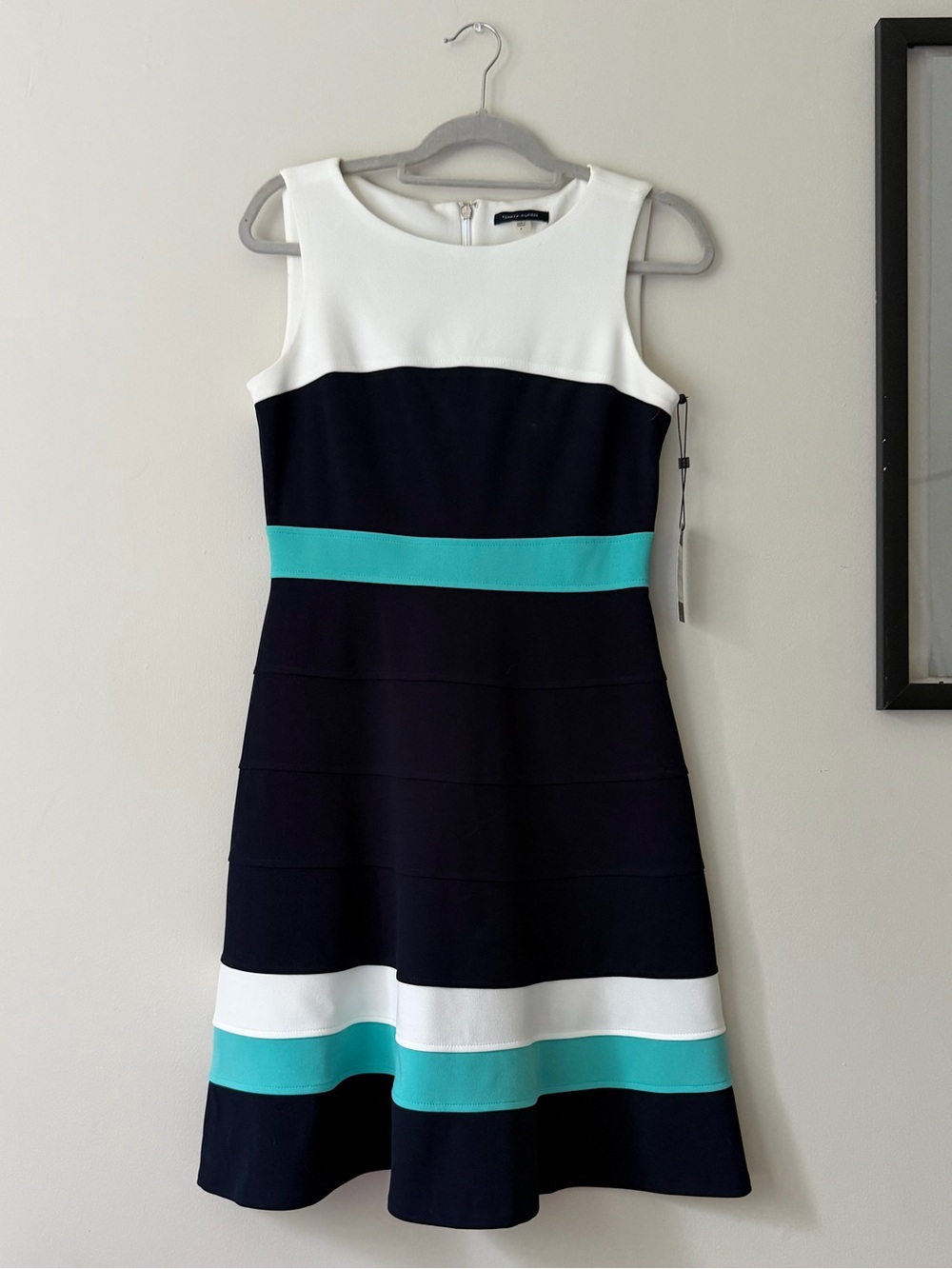 Tommy Hilfiger Navy, White & Teal Striped Sleeveless Fit-and-Flare Dress